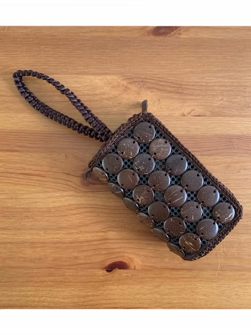 dark brown coconut disc shell beads crochet wristlet boho chic